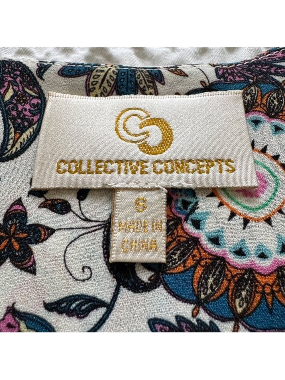 Paisley Print Split V-Neck, 3/4 Sleeve Blouse, Multicolor, Size Small - Picture 3 of 8